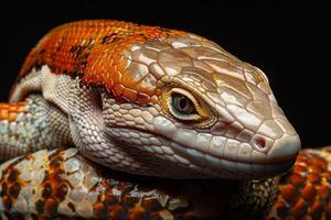 A close up of a lizard with orange and white stripes photo
