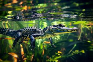 An alligator swimming in the water photo