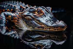 A large alligator is reflected in the water photo