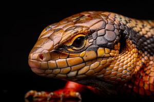 A close up of a lizard with black background photo