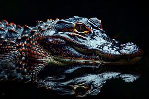 A large alligator is reflected in the water photo