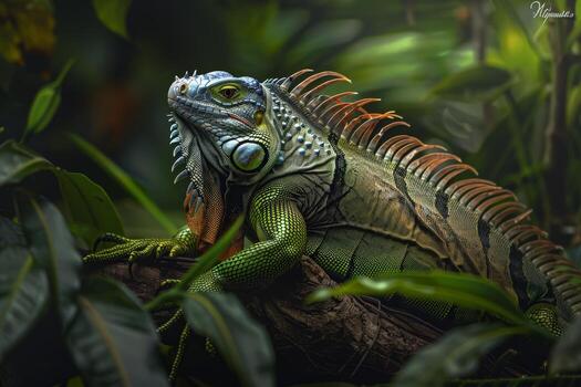 An iguana is sitting on a branch in the jungle photo