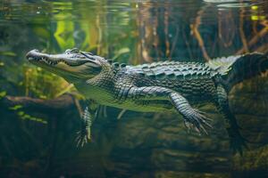 An alligator swimming in an aquarium photo