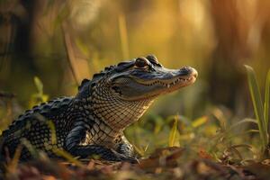 An alligator is sitting in the grass photo