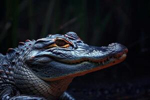 An alligator is sitting in the dark photo