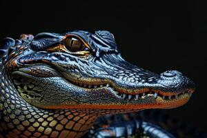 A close up of an alligator's head photo