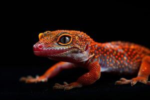 A red and orange geckole on a black background photo