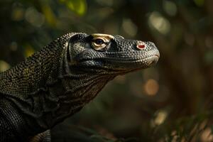 A close up of a lizard with a red eye photo