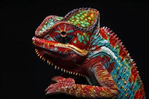 A colorful chameleon is sitting on a black background photo