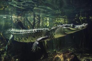 An alligator swimming in the water photo
