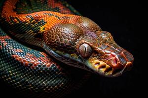 A close up of a colorful snake's head photo