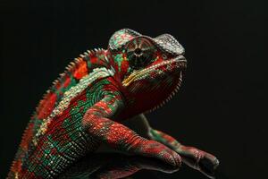 A chameleon is sitting on a black surface photo