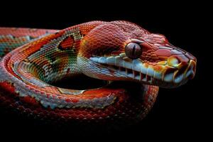 A red and orange snake with its head turned to the side photo