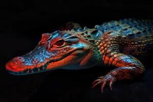 An alligator is shown in the dark photo