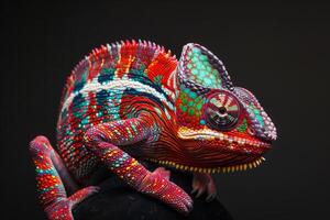 A colorful chameleon is sitting on a rock photo