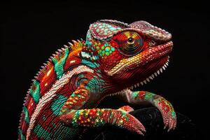 A colorful chameleon is sitting on a black background photo