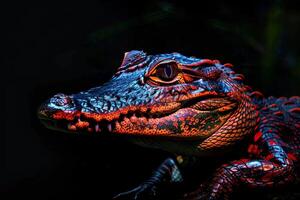 A close up of a red and orange alligator photo