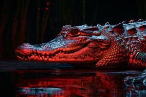 A large alligator is reflected in the water photo