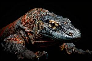 A monitor lizard is shown on a black background photo