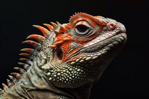 An iguana with orange and black markings photo