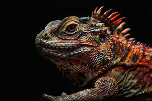 An iguana with bright red and orange colors photo