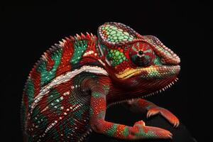 A colorful chameleon is sitting on a black background photo
