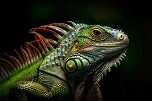An iguana with bright green eyes and long spikes photo