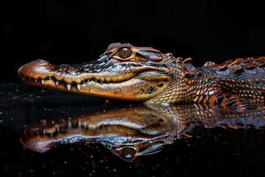 A large alligator with its reflection in the water photo