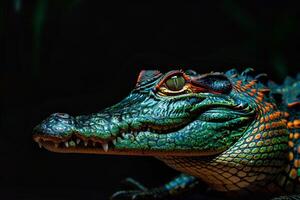 A close up of a colorful alligator photo