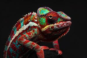 A colorful chameleon is sitting on a black background photo