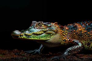 A large alligator with a black background photo