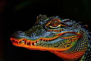 A close up of a crocodile's head with its eyes open photo