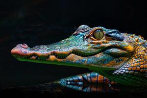 A close up of a colorful alligator photo