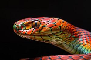 A close up of a colorful snake's head photo