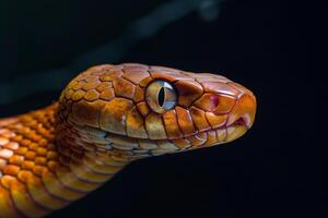 A close up of a snake's head with its eyes open photo
