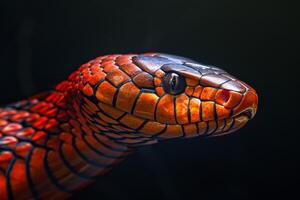 A close up of a red and orange snake photo