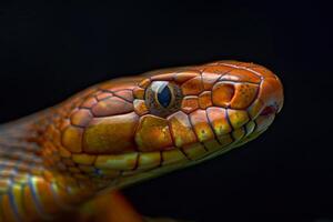 A close up of a snake's head with a black background photo