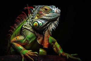 An iguana with bright green and yellow colors photo