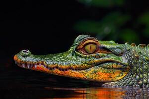 A crocodile with bright green eyes and a long neck photo