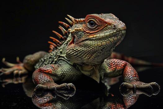An iguana with red and orange markings on its back photo