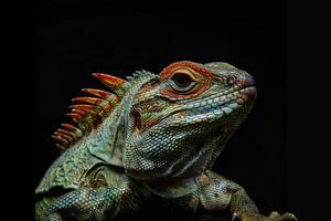 An iguana with bright red eyes and a black background photo