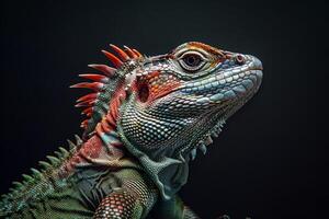 An iguana with red and green spikes on its head photo