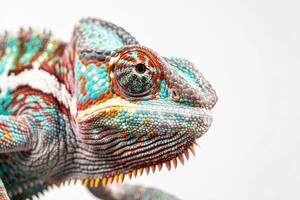 A close up of a chameleon with colorful stripes photo