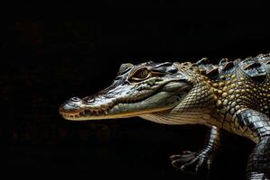A large alligator is standing on a black background photo