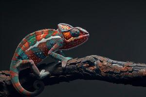 A colorful chameleon is sitting on a branch photo