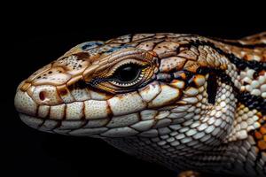 A close up of a lizard's face with black background photo