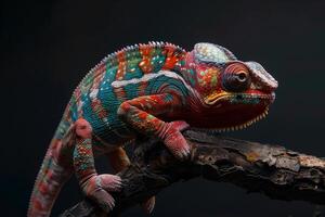 A colorful chameleon is sitting on a branch photo