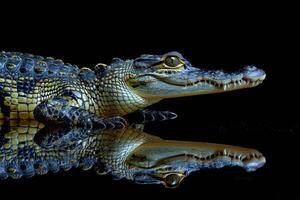 A large alligator is reflected in the water photo