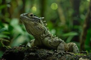 An iguana is sitting on a rock in the jungle photo