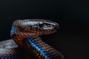 A close up of a snake with blue and black stripes photo